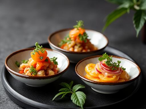 小さな陶器の器に入った3種のエレガントな前菜